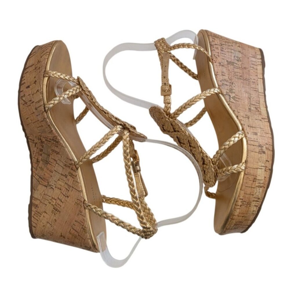 Kate Spade New York Becca Gold Braided Leather Cork Platform Wedge Sandals Sz 8 - Picture 8 of 10